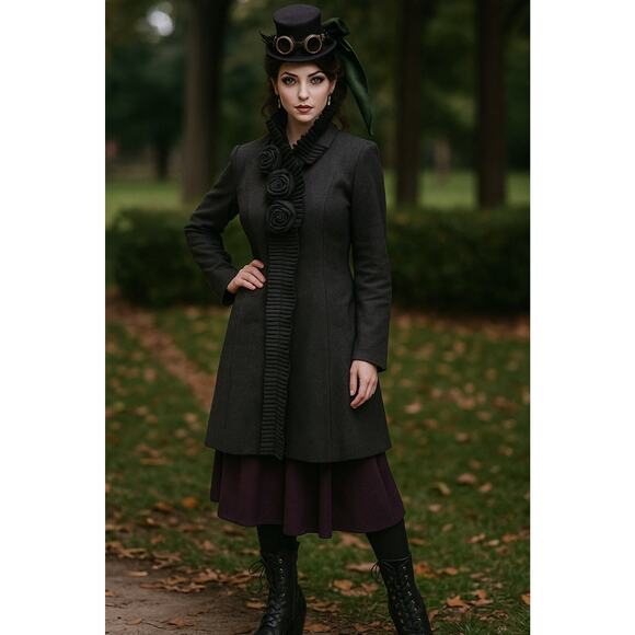 Fanny Look Dark Gray Ruffle Rose Trim Coat Victorian Steampunk Large Vintage - Picture 1 of 16